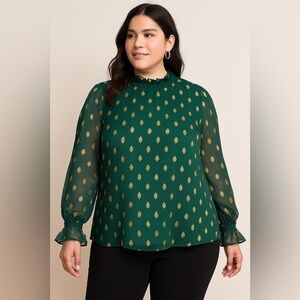Lane Bryant Green Gold Polka Dot Blouse Women’s Size 14 NWT Sheer Long Sleeve
